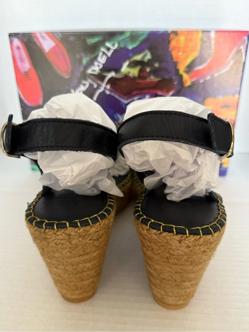 Andre Assous Black Leather Espadrille Wedge Sandals